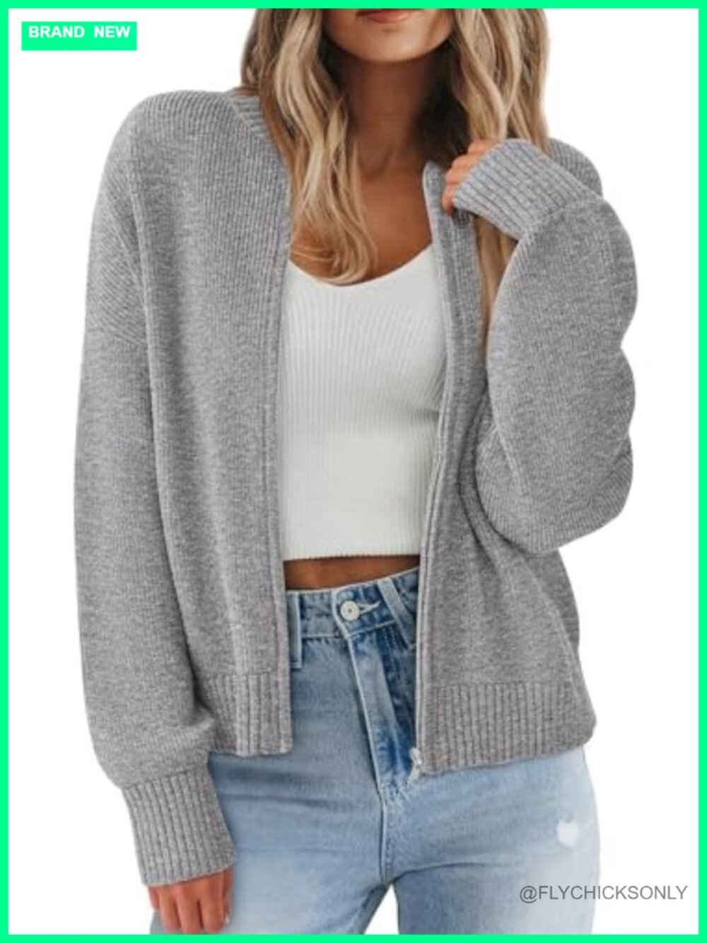 Chunky Knit Zipper Cardigan Sweater Open Front Loose Fit Fall Layering